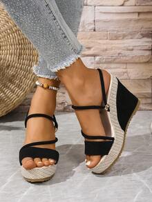 Sandalias de plataforma con cuña de tacón grueso, cómodas y versátiles, de unicolor y con correa, para mujer, ideales para el verano - Negro - View 4