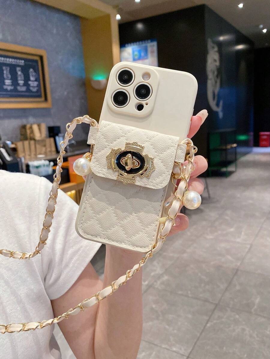 1 Stück Silber Perlen & Platin Schlüsselband Kartenhalter + 1 Stück beige gerade Kante Engelsauge Perforation stoßfeste tragbare Handyhülle, kompatibel mit Apple/Redmi/OPPO/VIVO/Realme, internationale Version, nicht die Inlandsversion - Beige - Übersicht 1
