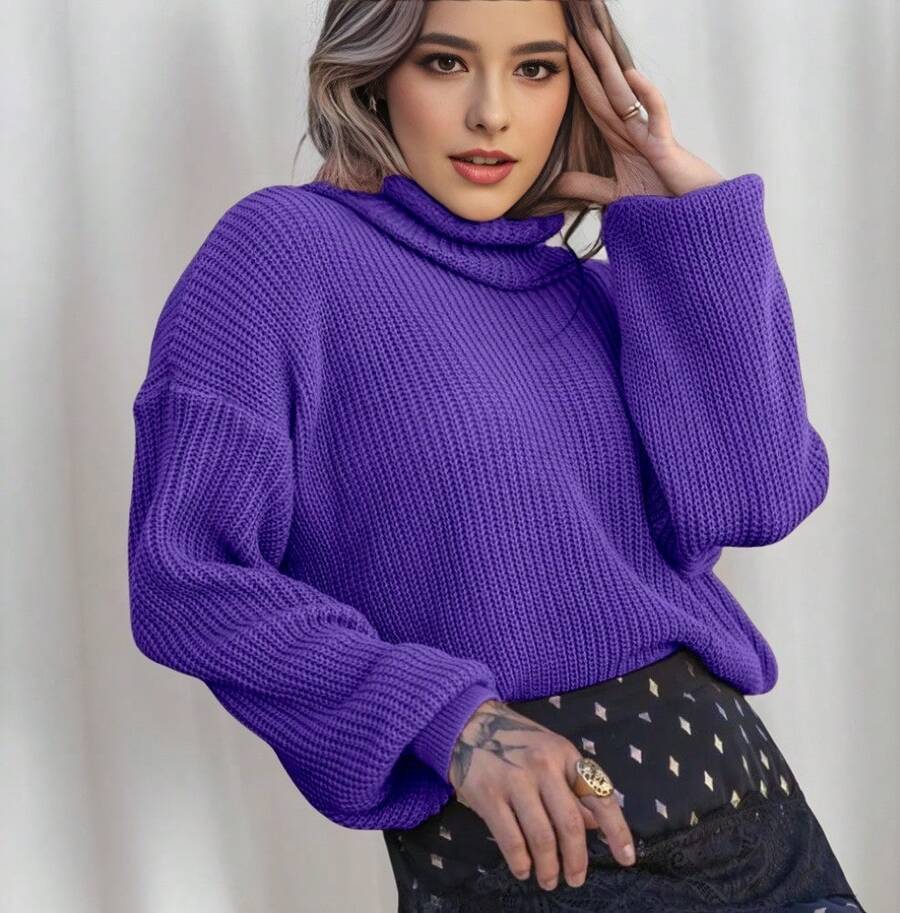 Women's Cold Weather Blouse Turtleneck Knitted Sweater - 紫羅蘭色 - 查看 1