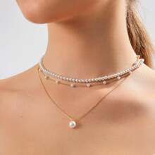 Collar de perlas doradas para mujeres, delicado collar de 3 capas chapado en oro de 18K con perlas falsas en forma de ronda, conjunto de joyería dorada para bodas, regalo para mujeres, regalo del Día de la Madre (2-3 piezas)