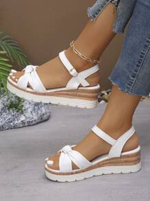 Grandes tailles croisées États-Unis 6-9 Nouvelles sandales compensées blanches plates-formes mode décontractée d'été, sandales blanches simples à enfiler pour le port quotidien en extérieur avec bout ouvert pour dames