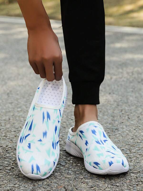 Men's Colorful Geometric Print Breathable Mesh Slip-On Casual Sports Shoes, Sandals & Slippers. High Elastic Mesh Fabric, Comfortable Low-Top Fashion Sports Sandals.