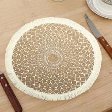 4/6/8 runde Tischsets mit Quaste, Wärmeisolierung, Party-Dekor, Tisch-Akzent im Restaurant, bedrucktes Wellenmuster, Boho-Stil, Jute-Material, waschbar, für alle Jahreszeiten geeignet, schützt Tischplatte, Besteck, Getränke, Desserts, Zuhause, Hochzeit, Restaurant-Dekoration.