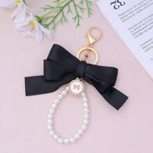 1pc Faux Pearl Beaded Bracelet, Keychain, Phone Lanyard, Cute Bowknot Keyring, Wallet Charm, Earphone Case Accessories, Women Daily Use, Gift