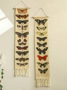 1 件波西米亚蝴蝶挂毯壁挂 - 复古蝴蝶印花带流苏，自然风格的波西米亚艺术，适合家居装饰、客厅、卧室和育儿室