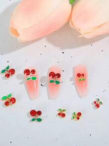 16件套樱桃美甲装饰品，闪亮奢华粉色樱桃Y2K法式风格，适合夏季假日美甲，金属合金美甲配件，可爱樱桃美甲宝石和水钻，混合尺寸和颜色 - 查看 5