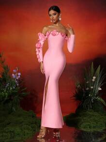 Love Aing Vestido de cóctel con espalda descubierta, manga larga, abertura lateral y aplicación floral 3D hecha a mano para mujer Love Aning, elegante para baile de graduación, gala, boda semi-formal, adecuado para cumpleaños, graduación, cena, regreso a casa, vestido de noche