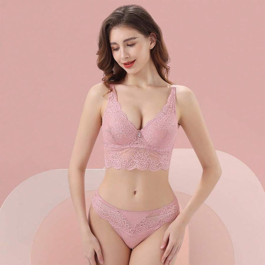 Z&D Lingerie Set Wide Back Cropped Style With Underwire With Cup And Lace Thong Panties 6703 - Hồng - Xem 1