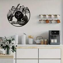 1 pièce Horloge murale de disque vinyle de guitare de musique, silencieuse, noire, avec des notes d'instrument de musique faites à la main. Cadeau exclusif pour les amateurs de musique pour la décoration du salon, de la chambre ou du bureau.