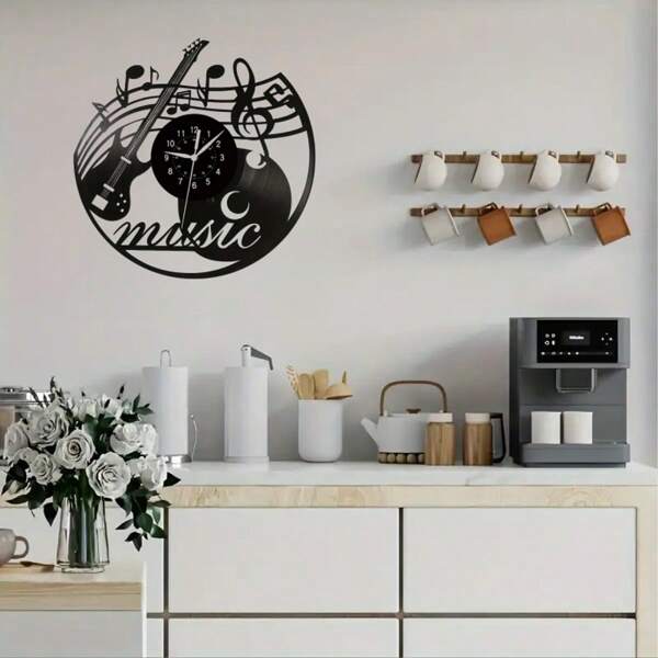 1 pièce Horloge murale de disque vinyle de guitare de musique, silencieuse, noire, avec des notes d'instrument de musique faites à la main. Cadeau exclusif pour les amateurs de musique pour la décoration du salon, de la chambre ou du bureau.