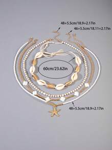 4pcs/Set Bohemian Ocean Style Pearl Beaded Starfish Pendant Necklace Set For Women, Suitable For Beach Party, Gift (Bead & Shell Sizes May Vary)