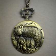 1pc Classic Vintage Style Dual Bear Design Big Size Necklace Pocket Watch, Suitable As Gift For Men And Women