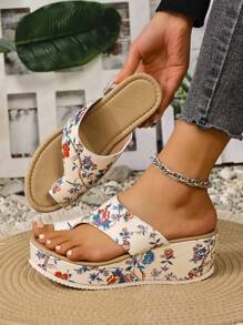 Sandali da donna alla moda con stampa floreale, scivolo, suola spessa, zeppa, comodi per l'estate e la spiaggia