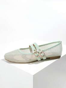 新款女士芭蕾平底网眼鞋，黑色和杏色，圆头，纯色，透气休闲平底鞋，时尚舒适 - 卡其色 - 查看 7