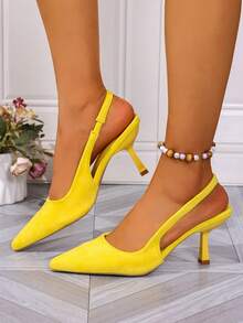 Fall/Winter High Heel Pointed Toe Solid Color Slingback Thin Heel Pumps For Party & Outdoor, Elegant, Kitten Heels - Yellow - View 4