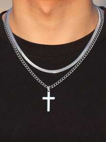 Set de 2 collares con colgante de cruz de acero inoxidable de doble capa, estilo punk y hip-hop para hombres