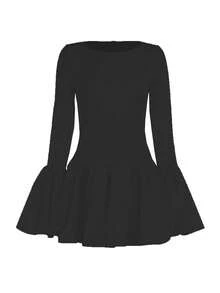 Nuevo vestido elegante y entallado con cuello redondo, mangas abullonadas y bajo con volantes, para mujer, otoño - Negro - Ver 5