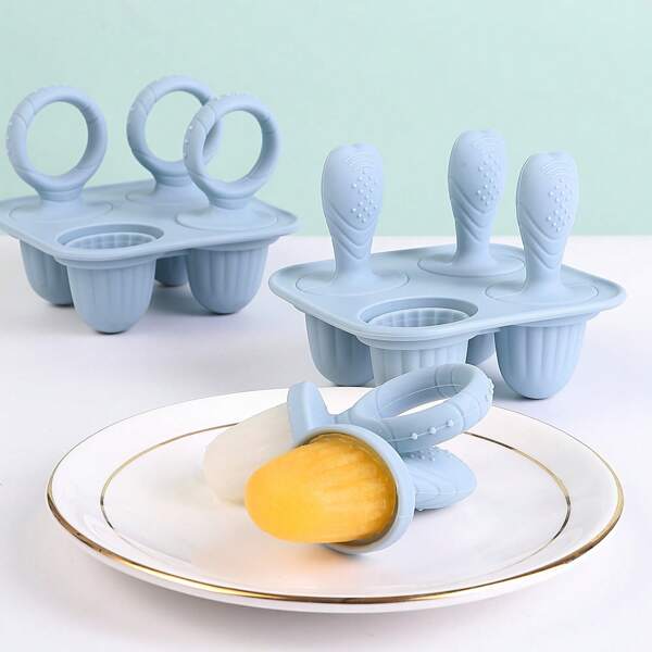 1 pieza Molde de silicona de 4 rejillas para paletas de bebé con diseño de cabeza y mango de cuchara - Excelente para helados, paletas de leche materna y comida para niños - Esencial de cocina y comedor, fabricante de bocadillos portátil | Molde con mango | Para biberones de niños pequeños