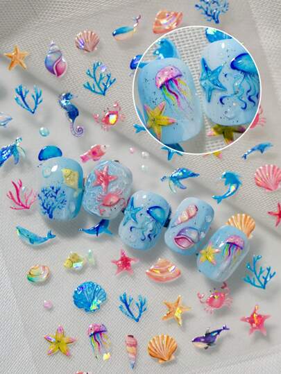 Neue Herbst- und Sommer-Freudenvolle Ozeanwelt Nagel Aufkleber, Dreidimensionale Relief-Muschel Unterwasser Biologien Nagel Rückseite Dekorative Aufkleber, geeignet für persönliches DIY und Nagelstudio Verwendung