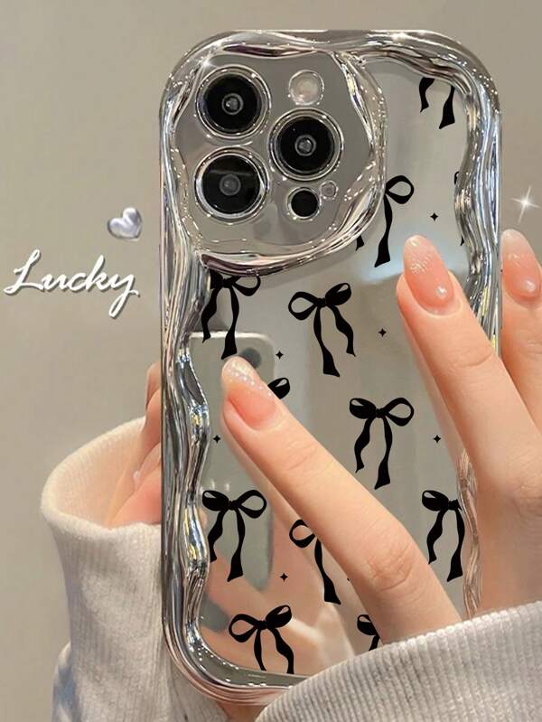 Bow-Knot Cream Wavy Edge High-End Electroplated Silver Black Bowknot Colorful Paint Drop-Proof Phone Case, Compatible With IPhone XR/7/8, IPhone 16/16 Pro/16 Plus/16 Pro Max, IPhone 15 Pro Max, IPhone 13, IPhone 14, IPhone 11, P12, XS, Cream Wavy Edge Glossy New Colorful Paint TPU Drop-Proof Soft Phone Case Waterproof Shockproof Anti-Fall Scratch Resistant