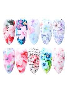 10 Folhas de Adesivos de Folha de Transferência de Unhas com Designs Florais em Aquarela Rosa e Roxo Gradiente, Papel Estrelado DIY Suprimentos para Manicure