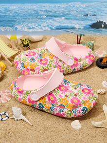 1 Pair Kids Pink Floral Dinosaur Print Anti-Slip Flat Casual Comfortable Lightweight EVA Beach Sandals, Suitable For Summer