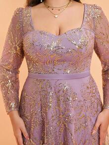 Plus Size Mgiacy Sweetheart Neck Haftowane Cekiny Koraliki Długi Rękaw A-Line Formalna Suknia Wieczorowa, Sukienka Imprezowa, Dla Gości Weselnych - Wrzosowy - Zobacz 6