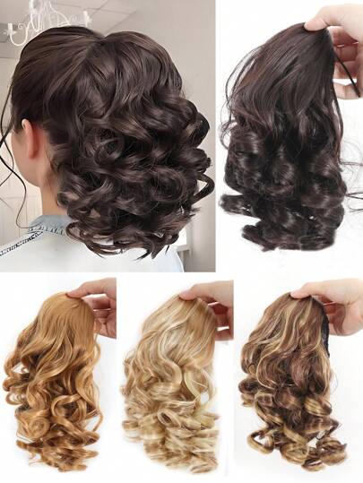 Synthetische kurze Pferdeschwanz-Extensions, klassisch lockig-wellig, mit elastischem Zugband, Haarverlängerungen und Haarteil für Frauen - dunkelblond-braun