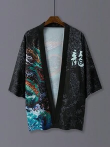 时尚日式和服开衫，复古中国龙印花，男女情侣款，轻薄外套，适合春夏季休闲、旅行、沙滩、角色扮演等场合 - 黑色 - 查看 3