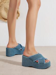Soft Pale Blue Washed Denim Peep Toe Cross Strap Chunky Platforms, Premium Soft Leather Insole, Slip Resistant Sole, Comfort Fit Thick Sole Wedge Sandals, Versatile Classic Fashion