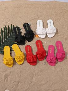 1 Paar weiße plissierte Schleifen-Dekor Römersandalen für große Mädchen & Teenager, weiches PU-Material, plissiertes Schleifen-Design, runde offene Zehenpartie, flache rutschfeste bequeme Casual Strandsandalen, geeignet für 3-15 Jahre alt, Alltag, Party, Urlaub, Sommer 2025 Neuankömmling - Weiss - Übersicht 1