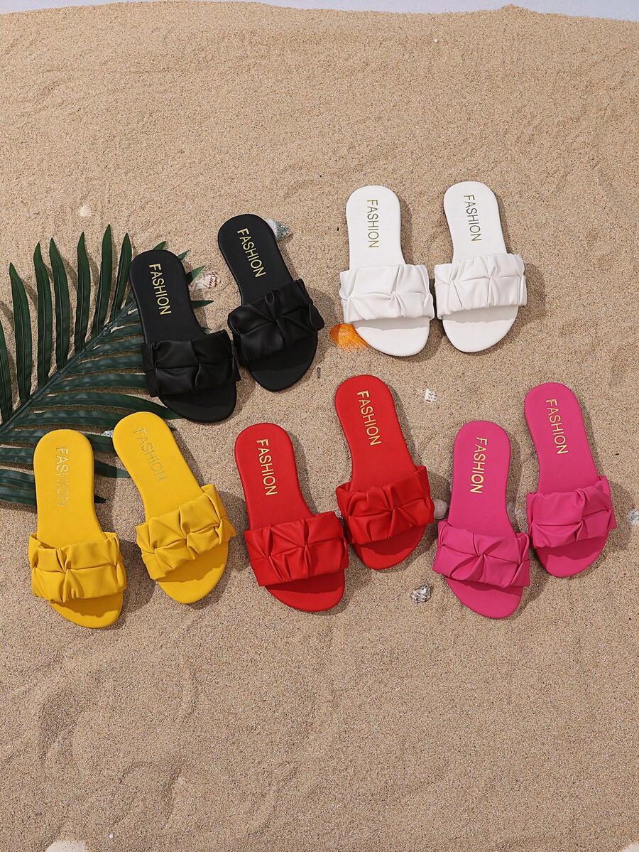 1 Paar weiße plissierte Schleifen-Dekor Römersandalen für große Mädchen & Teenager, weiches PU-Material, plissiertes Schleifen-Design, runde offene Zehenpartie, flache rutschfeste bequeme Casual Strandsandalen, geeignet für 3-15 Jahre alt, Alltag, Party, Urlaub, Sommer 2025 Neuankömmling - Weiss - Übersicht 1