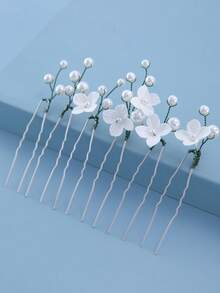 6pcs Women Handmade Soft Clay Flowers With Golden Leaves & Faux Pearl, Versatile Casual Fashion Bridal Hair Clips Accessories Valentine's Day Accessories,Wedding Hair Accessories,Summer,Beach,Festival,Birthday - Silver - View 3