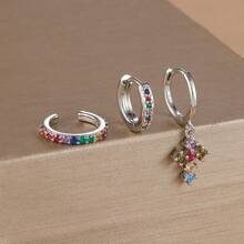 3PCS 18K Gold Plated Cross Stud Earrings Set For Women's Wedding Jewelry Zirconia Hoop Stainless Steel Accessories Party Gift
