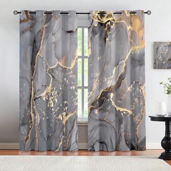 2 piezas de Cortinas semi-transparentes con patrón de mármol de alta definición, hechas de poliéster, adecuadas para dormitorio, sala de estar, oficina y decoración del hogar, diseño de bolsillo para varilla compatible con varillas