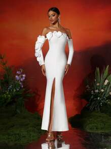 Love Aing LOVE Aing Women's Handmade 3D Floral Strapless Long Sleeve Split Hem Sexy Bandage Cocktail Dress, Elegant For Prom, Semi-Formal Wedding Guest Attire, Suitable For Birthday, Graduation, Banquet, Homecoming