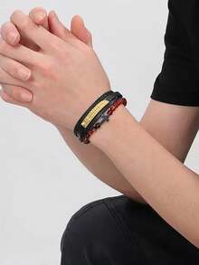 1pc Retro Multi-Layer Leather Rope Bracelet With Cross Beads, Braided Wristband For Men, Daily Wear - Gold - View 10