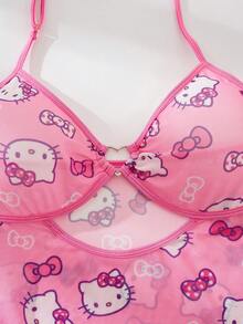 SANRIO 1 chiếc áo ngủ hai dây màu hồng dễ thương cổ chữ V, chất liệu xuyên thấu, có bèo nhún ở gấu áo dành cho nữ. - Hồng - Xem 9