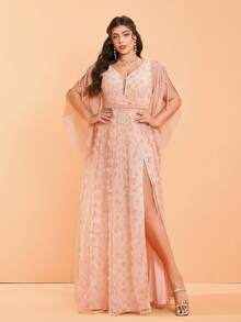 Plus Size Mgiacy V-Neck Three-Dimensional Embroidered Lace Pearl Chiffon Strappy Sleeve High-End Graduation Dress, Party Dress, Prom Dress