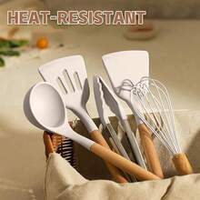 33pcs Silicone Kitchen Utensils Set With Wooden Handle And Storage Bucket, Wooden Handle Silicone Kitchen Gadgets Utensil Set - Khaki - View 7