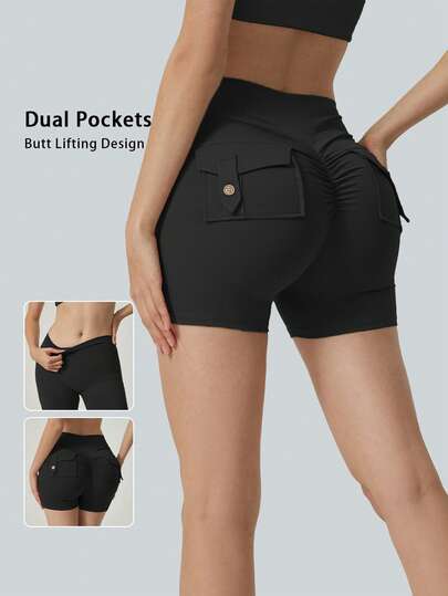 6pecil 1 件女式提臀短裤，高腰设计，侧袋，舒适弹力面料 - 适合健身、跑步和休闲穿着