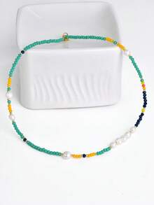 Fashionable Spring/Summer Green Crystal & Natural Pearl Choker Necklace, Elegant Design (Natural Pearl Shape Random) - Multicolor - View 3