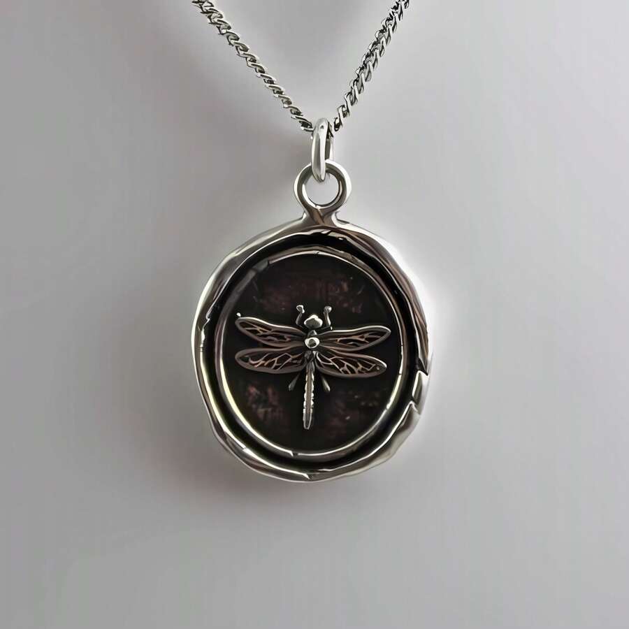 1 件蜻蜓项链，蜡封项链，送给她的礼物，自然精致项链，乡村风格珠宝项链，乡村风格珠宝 - 復古銀色 - 查看 1