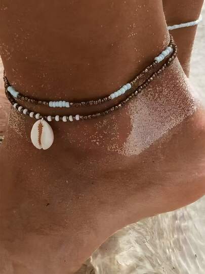 2개 여성 여름 비치 빈티지 천연 조개 & 터키석 이중 레이어 발목 장식, 결혼식 약혼 파티 모임 선물