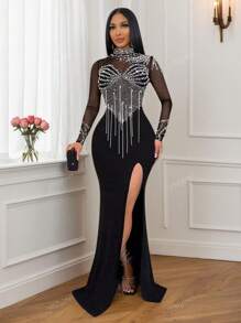 Vestido largo de mujer con cuello alto, manga larga, abertura lateral y adornos de rhinestone, sexy para verano