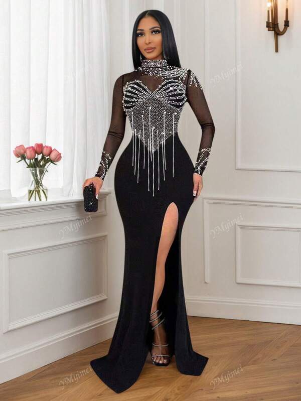 Sexy Summer Rhinestone Embellished High Slit Stand Collar Long Sleeve Women Dress