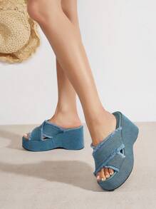 Soft Pale Blue Washed Denim Peep Toe Cross Strap Chunky Platforms, Premium Soft Leather Insole, Slip Resistant Sole, Comfort Fit Thick Sole Wedge Sandals, Versatile Classic Fashion