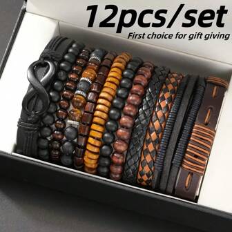 12pcs Vintage Casual Men Beaded PU Leather Bracelet Set, Accessory For Boyfriend, Sports & Everyday Wear