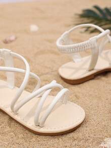 1 Pair Toddler Girls' Plus Size Beige Shiny PU Strap Elastic Back Closed Toe Flat Sandals, Suitable For 3-16 Years Old Students Daily Casual Vacation Wear, Spring/Summer New 2025, Run Small Half Size - White - View 9