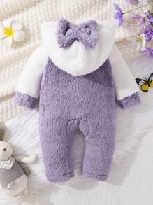 Comfortable And Cute Baby Girl Butterfly Embroidery Color Patch Bow Tie Details Hooded Teddy Bear Jumpsuit, Soft, Comfortable, Warm